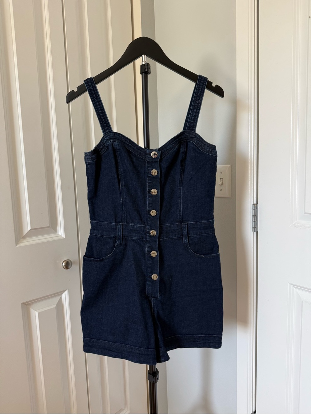 bebe Dark Blue Denim Button-Front Romper